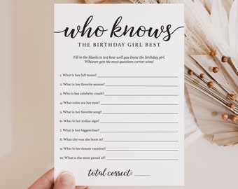 Birthday Trivia Game Printable Girl Birthday Who Knows The Birthday Girl Best Birthday Quiz for Her Calligraphy Birthday Games for Women MC1