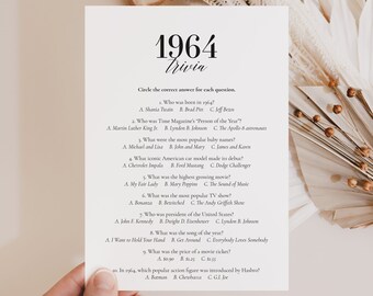 May include: A 1964 trivia game with 10 multiple choice questions. The questions cover topics such as who was born in 1964, who was Time Magazine's Person of the Year, and what was the most popular TV show.