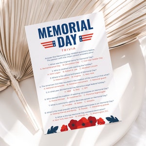 Memorial Day Trivia Printable Memorial Family Game Night Memorial Day Party Questions and Answers Memorial Day Classroom Game USA Trivia RP1