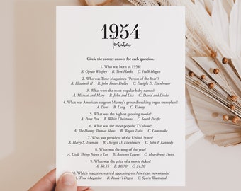 1954 Trivia Jeu imprimable pour 70e anniversaire Né en 1954 Quiz 70e anniversaire Jeux de fête 1954 Anniversaire Trivia 70e anniversaire Papa de retour en 1954 MB2