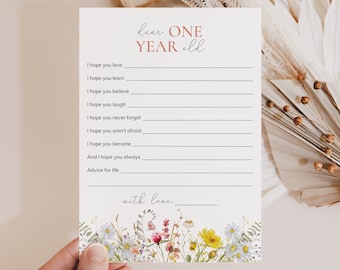 Wildflower First Birthday Wish Cards Printable Hopes and Wishes For The One Year Old Girl 1st Birthday Party Wishes Onederful Birthday MB2