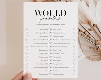 May include: A printable "Would You Rather" game with 12 questions. Each question has two options, with a circle next to each option for players to mark their choice.