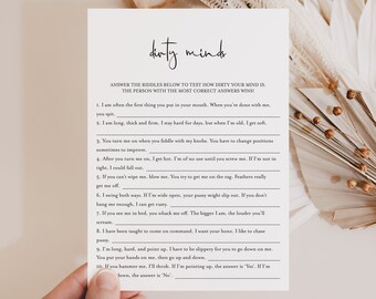May include: A white rectangular game card titled dirty minds in black script font. The card features ten numbered riddles with blank lines for answers, printed in black text. The instructions state to answer the riddles to test how dirty your mind is.