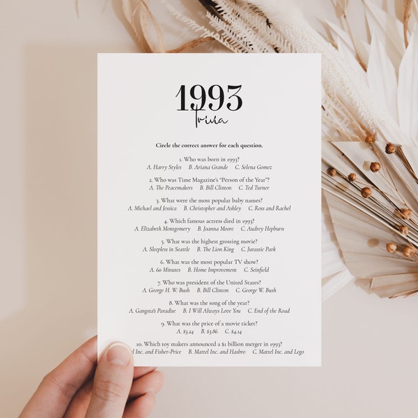 1993 Trivia Printable 90s Quiz 30th Birthday Party Game Back to the 90s Party Games Married in 1993 30th Anniversary Nineties Games PDF MB2