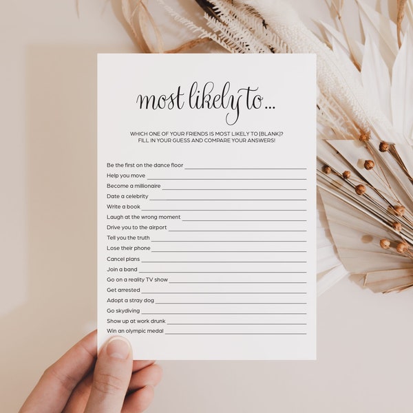 Most Likely To Game Printable Black And White Ladies Night Games Fun Adult Party Game Calligraphy Bachelorette Party Games DIY Download CT1