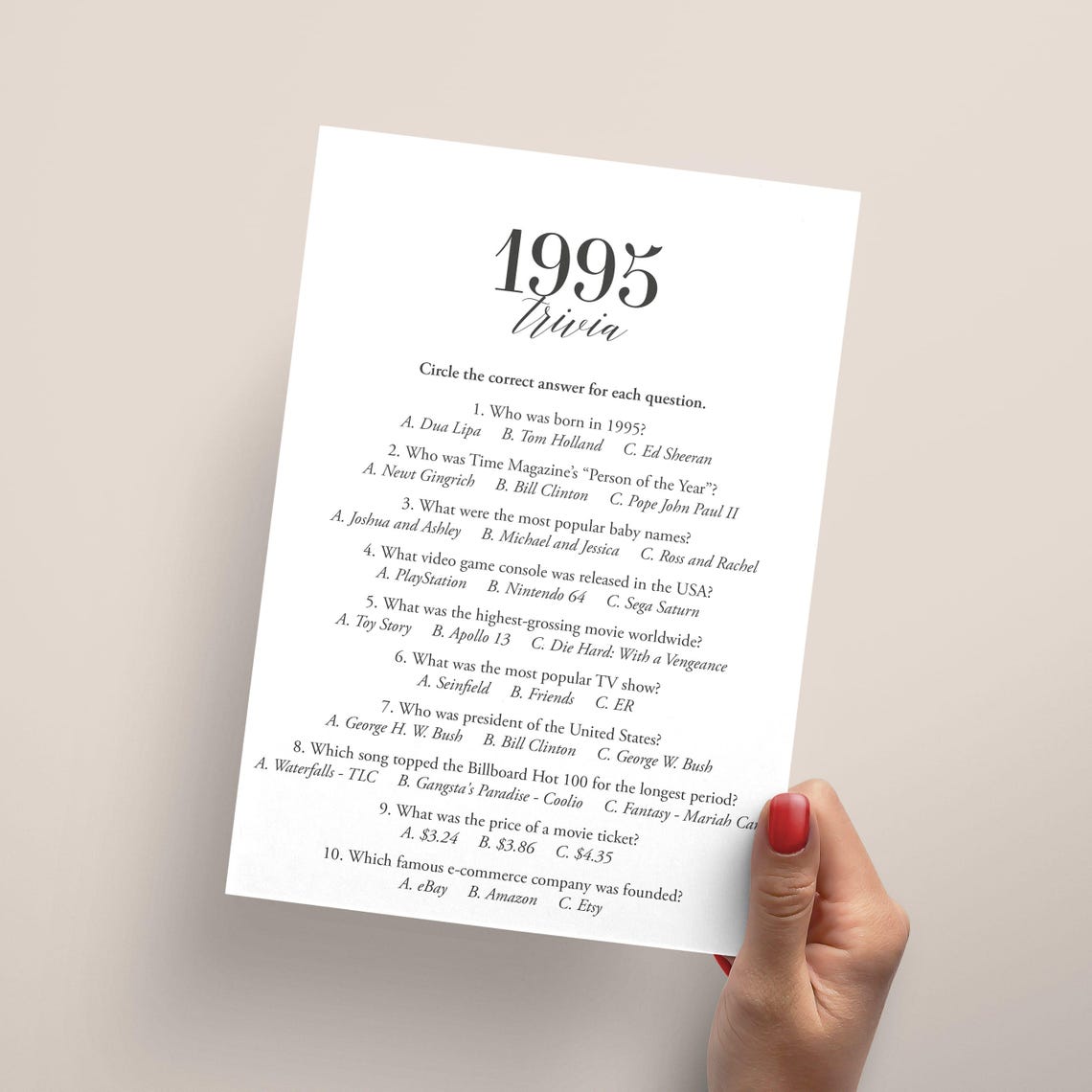 1995 Trivia Printable 31st Birthday Party Quiz Game Back to the 90s ...