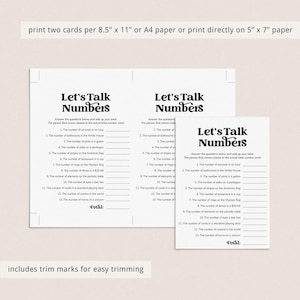 May include: Printable game cards titled "Let's Talk Numbers" in black text on white paper. The cards feature a list of questions about numbers, with space to write answers. Includes trim marks for easy trimming.