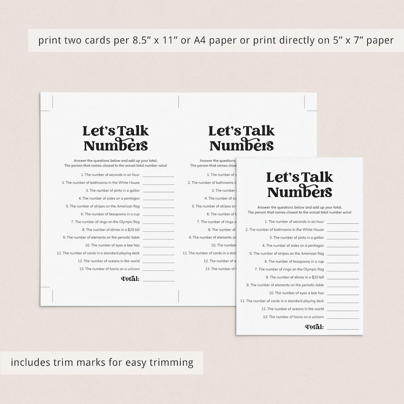 May include: Printable game cards titled "Let's Talk Numbers" in black text on white paper. The cards feature a list of questions about numbers, with space to write answers. Includes trim marks for easy trimming.
