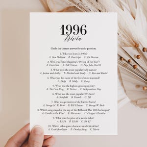 以下が含まれることがあります： 黒のエレガントなフォントで「1996 Trivia」というタイトルが書かれた白いカード。このカードには、1996年のポップカルチャー、映画、著名人などに関するトリビアの質問が記載されています。質問はシンプルで読みやすい形式です。