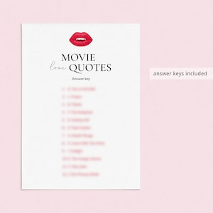 Może przedstawiać: Drukowana gra zatytułowana "love MOVIE QUOTES" z kluczem odpowiedzi. Gra zawiera ilustrację czerwonej szminki.