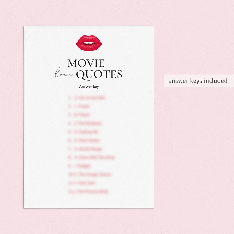 Może przedstawiać: Drukowana gra zatytułowana "love MOVIE QUOTES" z kluczem odpowiedzi. Gra zawiera ilustrację czerwonej szminki.