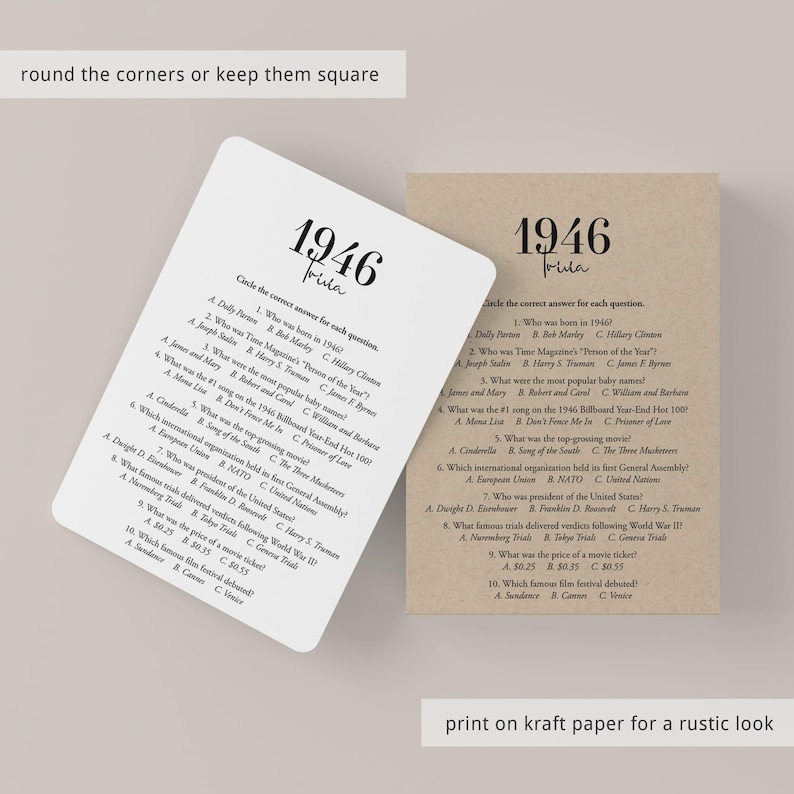 May include: Two trivia cards with the year 1946 printed in a bold font. One card is white, the other is kraft paper. The cards have trivia questions about the year 1946.