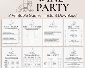 May include: Eight printable wine party games with black and white illustrations. The games include "Fact or Fiction", "Wine Around the World", "Wine Tall", "This or That", "Word Search", "Find Someone Who", "Red or White", and "Wine Trivia".