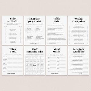 May include: A set of eight game cards with black text on a white background. The games include "Ever or Never," "What's on your Phone," "Table Talk," "Would You Rather," "Think Fast," "Find Someone Who," "Mind Match," and "Let's Talk Numbers."