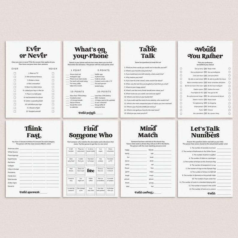 May include: A set of eight game cards with black text on a white background. The games include "Ever or Never," "What's on your Phone," "Table Talk," "Would You Rather," "Think Fast," "Find Someone Who," "Mind Match," and "Let's Talk Numbers."