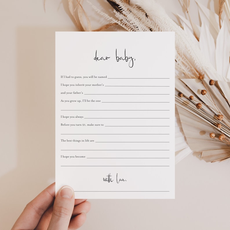K&ouml;nnte beinhalten: Ein druckbarer Brief an ein Baby mit dem Text "Liebes Baby" oben und "mit Liebe" unten. Der Brief enth&auml;lt leere Zeilen, die der Schreiber mit seinen Hoffnungen und W&uuml;nschen f&uuml;r das Baby ausf&uuml;llen kann.