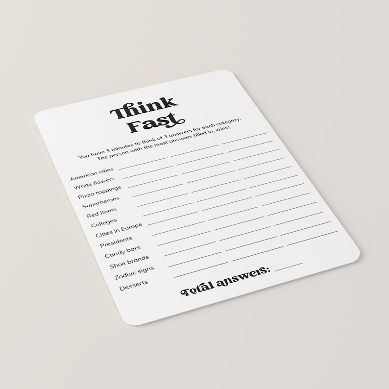 May include: A white card game with the words "Think Fast" in a bold font. The card includes categories like "American cities" and "Desserts" with lines for answers. The text "You have 3 minutes to think of 3 answers for each category" is also visible.