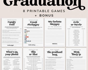 May include: Eight printable graduation party games are displayed, including "Family Feud" and "Emoji Pictionary." The games have a neutral colour scheme with black text. The word "Graduation" is at the top. Each game is designed for a graduation celebration.
