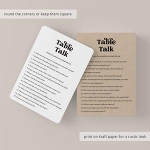 May include: Two cards with the text "Table Talk" and conversation-starting questions. One card is white, the other is kraft paper. The cards have rounded corners and are designed for a rustic look.