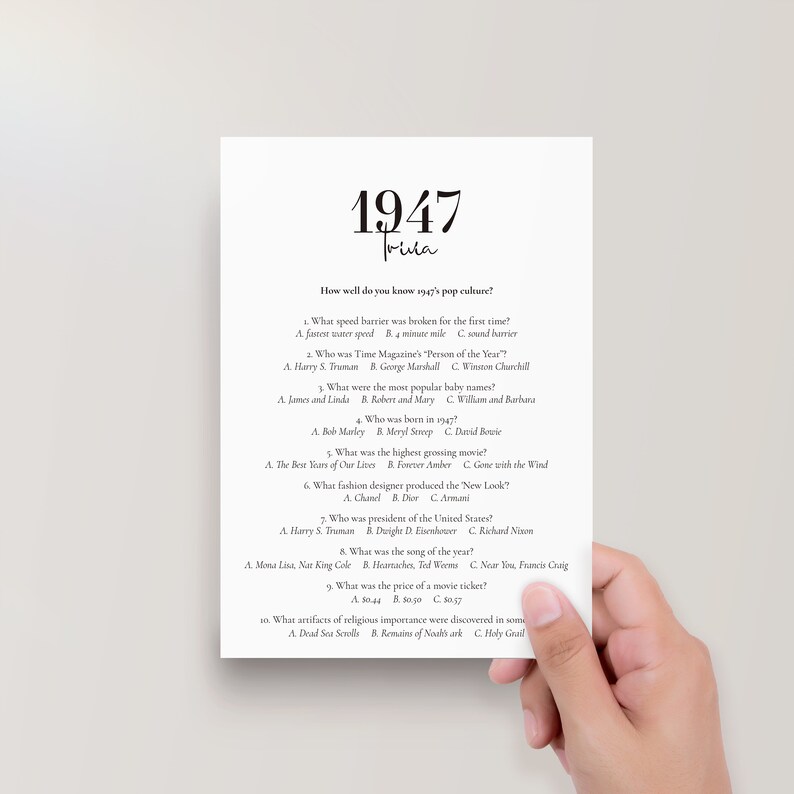 Buy 1947 Trivia Printable 76th Birthday Game Born In 1947 Quiz Online Buy 1947 Trivia Printable 76th Birthday Game Born In 1947 Quiz Online