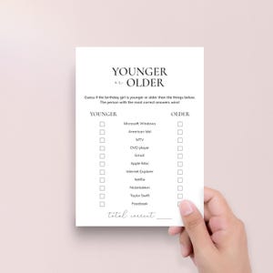 May include: A white card with the text "YOUNGER or OLDER" at the top. The card is a game to guess if the birthday girl is younger or older than the items listed. The card is held by a hand.