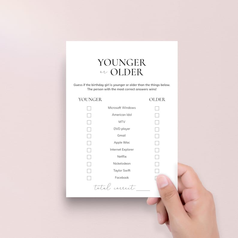 May include: A white card with the text "YOUNGER or OLDER" at the top. The card is a game to guess if the birthday girl is younger or older than the items listed. The card is held by a hand.
