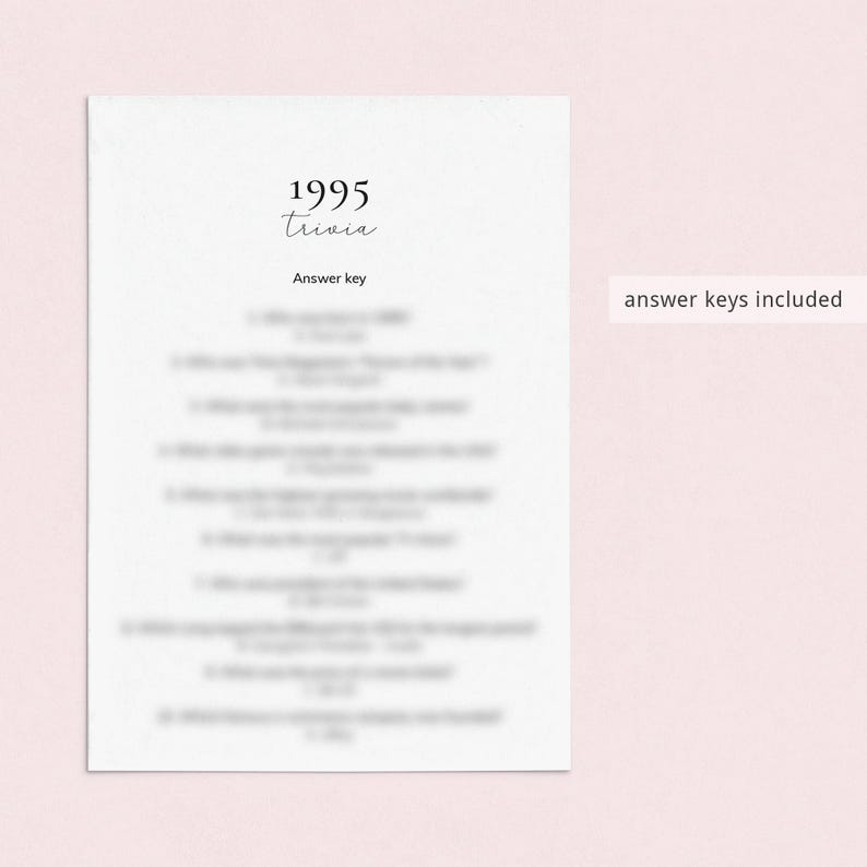 May include: A printable 1995 trivia game with an answer key. The game is designed for a party or gathering of friends.