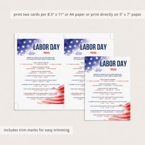 May include: Labor Day trivia game cards featuring a watercolor American flag design with blue stars at the top and red stripes at the bottom. The text reads Labor Day Trivia with eight multiple-choice questions. Includes trim marks for cutting.