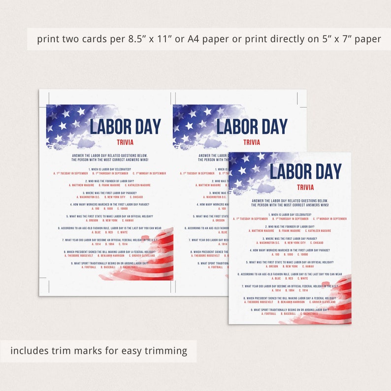 May include: Labor Day trivia game cards featuring a watercolor American flag design with blue stars at the top and red stripes at the bottom. The text reads Labor Day Trivia with eight multiple-choice questions. Includes trim marks for cutting.
