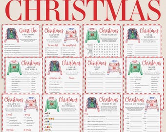 May include: A set of 12 printable Christmas party game cards featuring illustrations of various ugly sweaters. Each card includes a unique activity such as word searches, trivia, and matching games with red and black text on a white background.