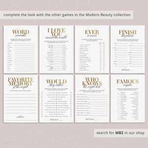 K&ouml;nnte beinhalten: Ein Satz druckbarer Hochzeitsspiele mit goldener Schrift auf wei&szlig;em Hintergrund. Die Spiele beinhalten "Wortsalat", "Ich liebe dich um die Welt", "Immer oder nie", "Beende den Satz", "Lieblingserinnerung an das Paar", "W&uuml;rde sie lieber", "Wer kennt das Paar am besten", und "Ber&uuml;hmte Paare".
