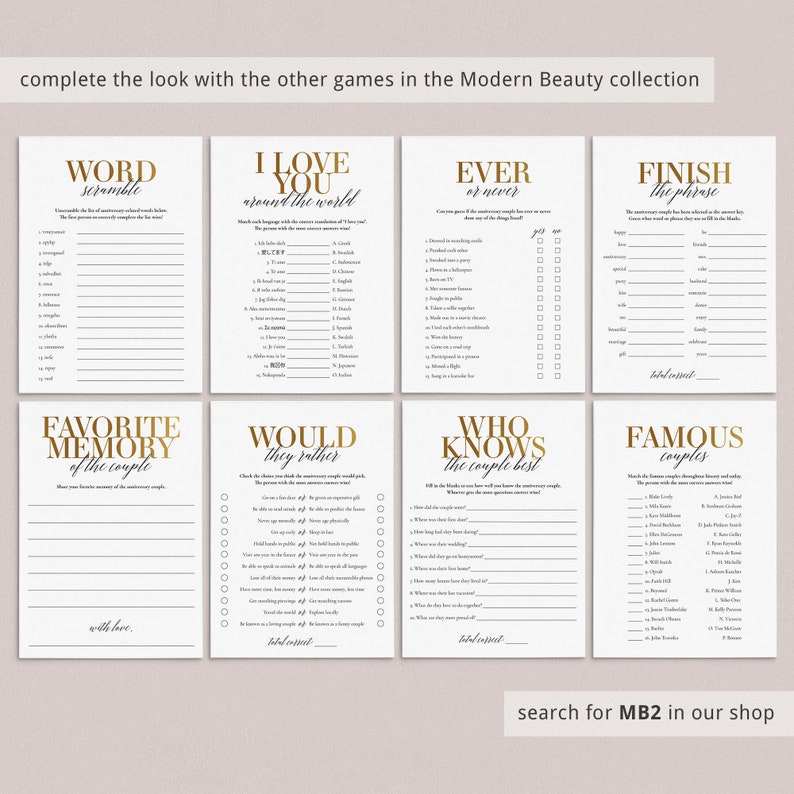 K&ouml;nnte beinhalten: Ein Satz druckbarer Hochzeitsspiele mit goldener Schrift auf wei&szlig;em Hintergrund. Die Spiele beinhalten "Wortsalat", "Ich liebe dich um die Welt", "Immer oder nie", "Beende den Satz", "Lieblingserinnerung an das Paar", "W&uuml;rde sie lieber", "Wer kennt das Paar am besten", und "Ber&uuml;hmte Paare".