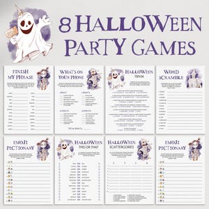 以下が含まれることがあります： 「8 Halloween Party Games」のテキストとゴーストのイラストが特徴の、8つのハロウィーンパーティーゲームが表示されています。「Finish My Phrase」、「What's on Your Phone」、「Halloween Trivia」、「Word Scramble」などのゲームが含まれています。