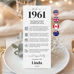 May include: A white card with the text "back in 1961" and historical facts. The card includes information about the world population, US population, and US President. It also lists notable events, movies, and the name "Linda".
