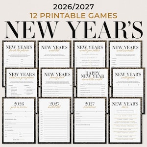 May include: A set of 12 printable New Year's games for 2026 and 2027. Each game sheet features a black border with gold glitter accents, white background, and black and gold text. Titles include New Year's Finish the Phrase, Word List, Would You Rather, Word Scramble, What's on Your Phone, Family Feud, Around the World, Scattergories, Year in Review, Bucket List, Resolutions, and Trivia.