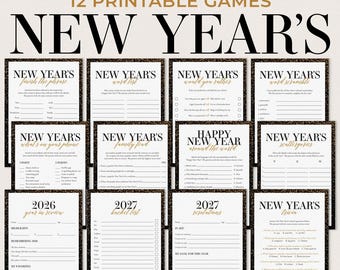 Könnte beinhalten: Ein Set aus 12 druckbaren Neujahrsspielen für 2026 und 2027. Jedes Spielblatt hat einen schwarzen Rand mit goldenen Glitzerakzenten, einen weißen Hintergrund sowie schwarzen und goldenen Text. Die Titel umfassen New Year's Finish the Phrase, Word List, Would You Rather, Word Scramble, What's on Your Phone, Family Feud, Around the World, Scattergories, Year in Review, Bucket List, Resolutions und Trivia.