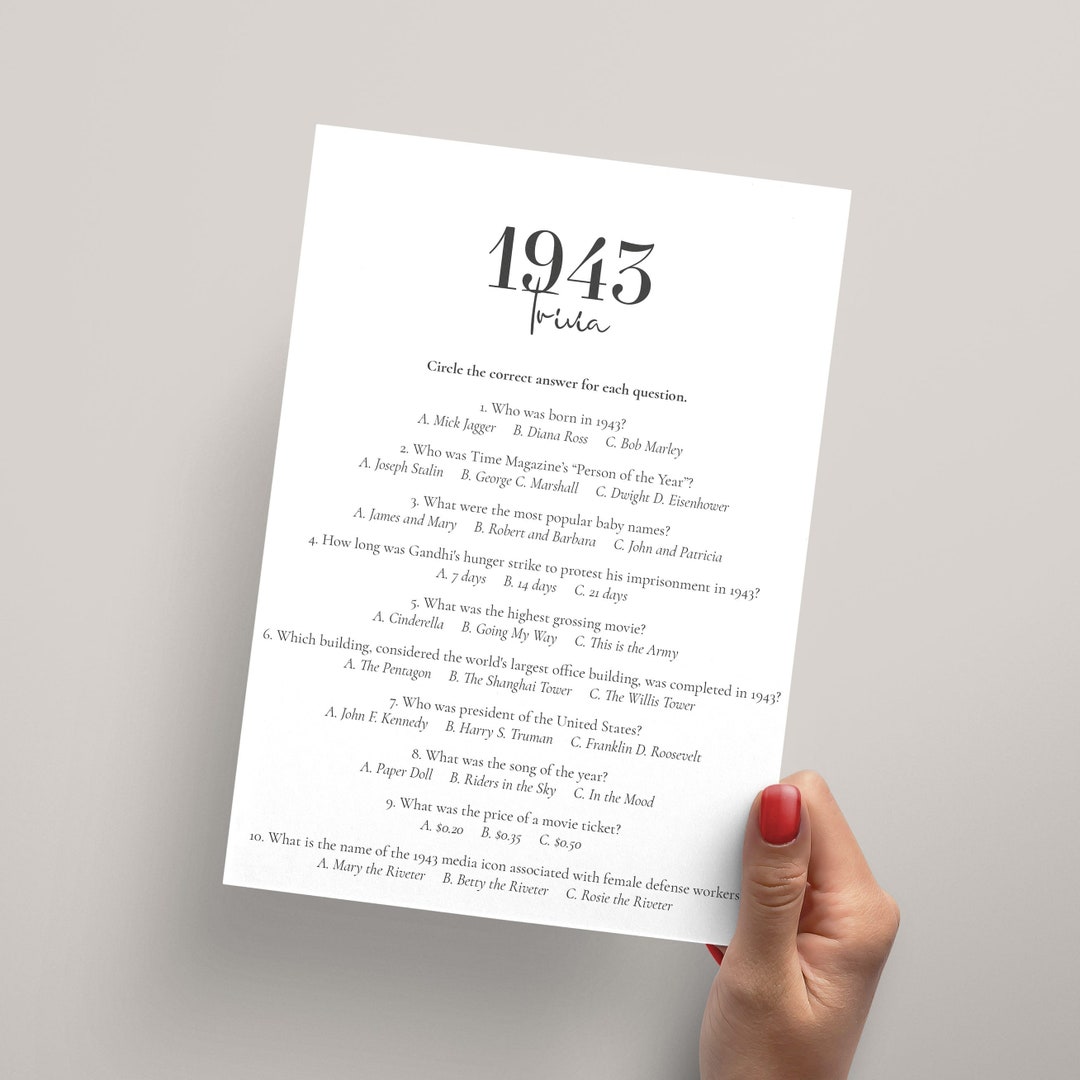 1943 Trivia Printable 80th Birthday Game Born in 1943 Quiz 80 - Etsy