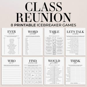 Könnte beinhalten: Eine Sammlung von acht druckbaren Eisbrecherspielen für ein Klassentreffen. Die Spiele umfassen "Ever or Never", "Word Scramble", "Table Talk", "Let's Talk Numbers", "Who Am I", "Find Someone Who", "Would You Rather" und "Think Fast".