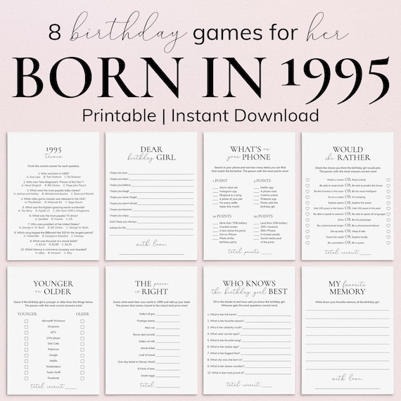 31st Birthday Games for Her, Born in 1995, Printable Bday Party Game Bundle PP2