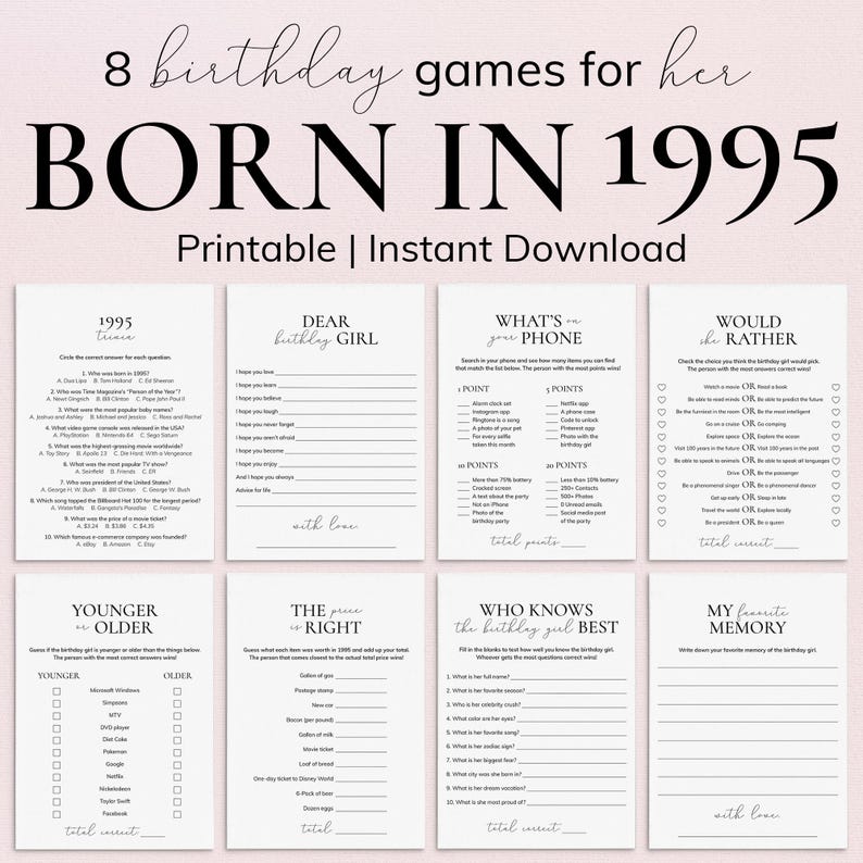 31st Birthday Games for Her, Born in 1995, Printable Bday Party Game Bundle PP2 image 1