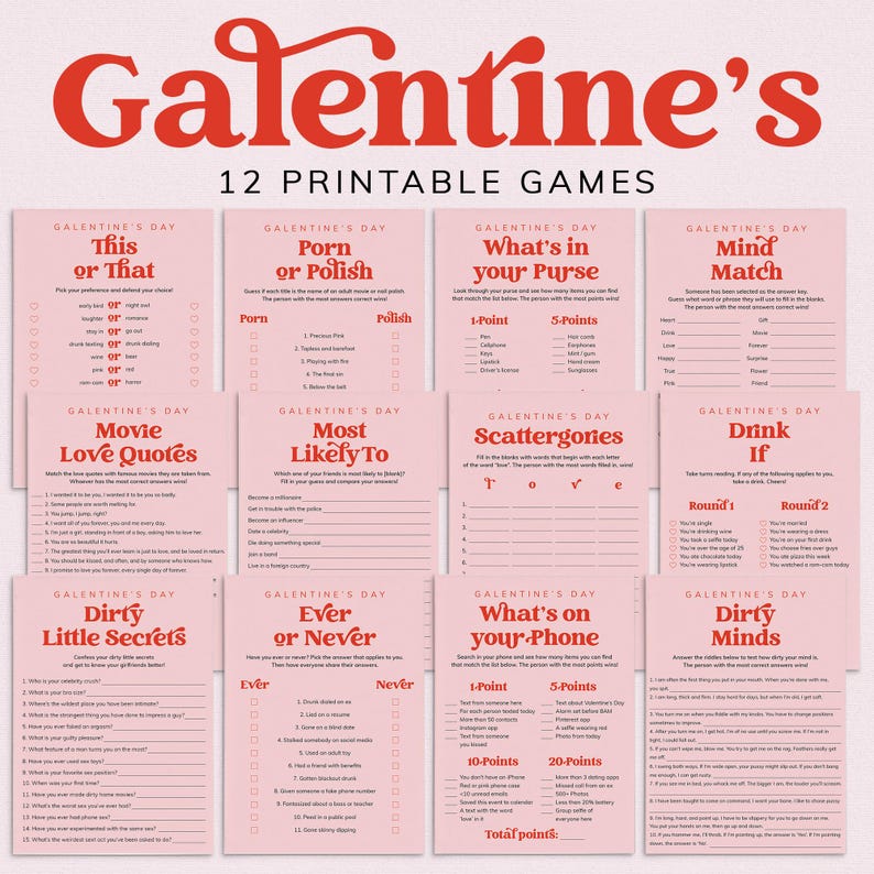 Pink and Red Galentine's Day Game Bundle Printable Retro Galentines ...