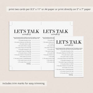 May include: Two printable game cards with the title "Let's Talk Numbers". Each card has 13 questions asking for numerical answers, such as "The number of seconds in an hour" and "The number of stripes on the American flag".