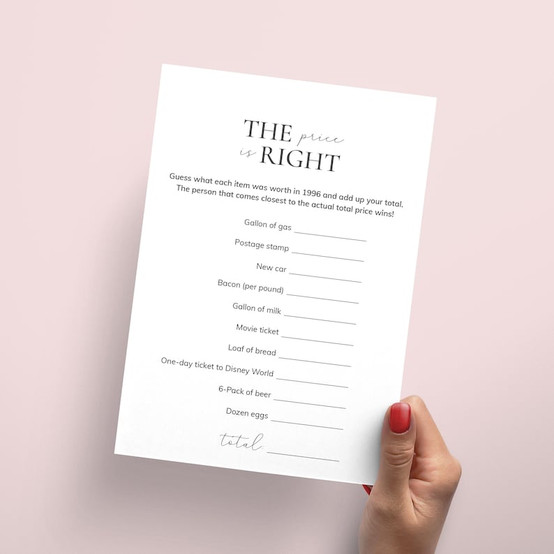 May include: A white paper game sheet titled "THE price is RIGHT". The game asks players to guess the 1996 prices of items like gas, a new car, and a movie ticket. A hand with red nail polish holds the sheet.