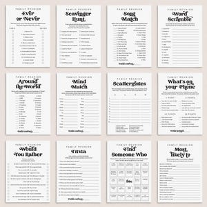 May include: A set of printable family reunion game cards with a retro 70s theme. The cards feature games like "Ever or Never", "Scavenger Hunt", "Song Match", "Word Scramble", "Around the World", "Mind Match", "Scattergories", "What's on Your Phone", "Would You Rather", "Trivia", "Find Someone Who", and "Most Likely To".