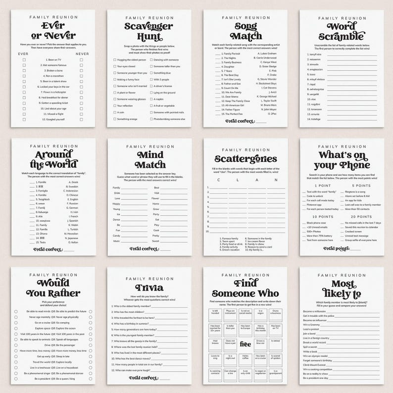 May include: A set of printable family reunion game cards with a retro 70s theme. The cards feature games like "Ever or Never", "Scavenger Hunt", "Song Match", "Word Scramble", "Around the World", "Mind Match", "Scattergories", "What's on Your Phone", "Would You Rather", "Trivia", "Find Someone Who", and "Most Likely To".