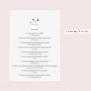 May include: A white paper with the text "1996 Trivia" in a script font. Below the title is the text "Answer key" and a list of trivia questions. The phrase "answer keys included" is to the right of the paper.