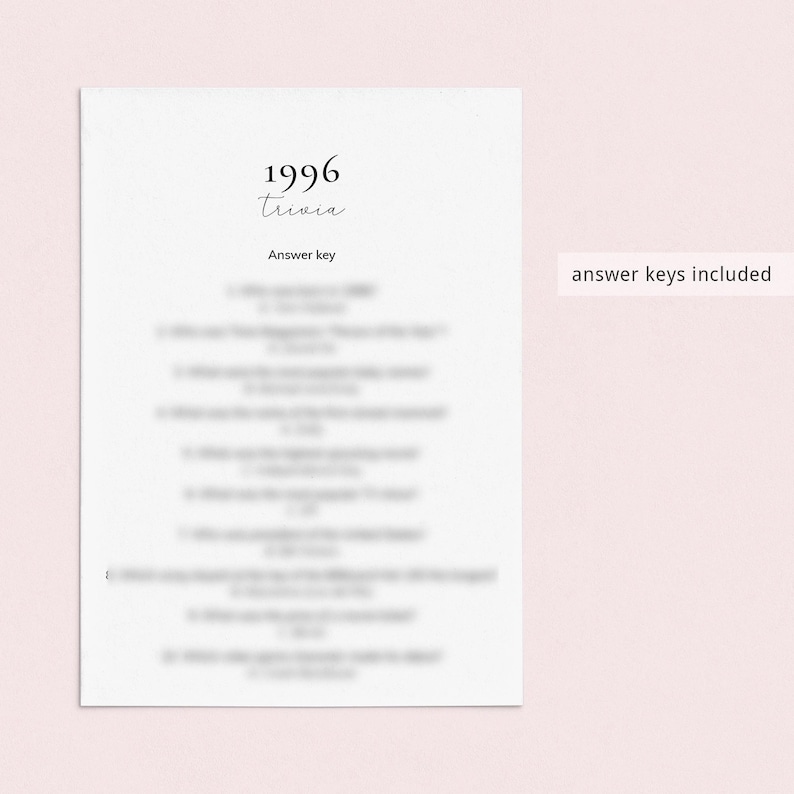May include: A white paper with the text "1996 Trivia" in a script font. Below the title is the text "Answer key" and a list of trivia questions. The phrase "answer keys included" is to the right of the paper.