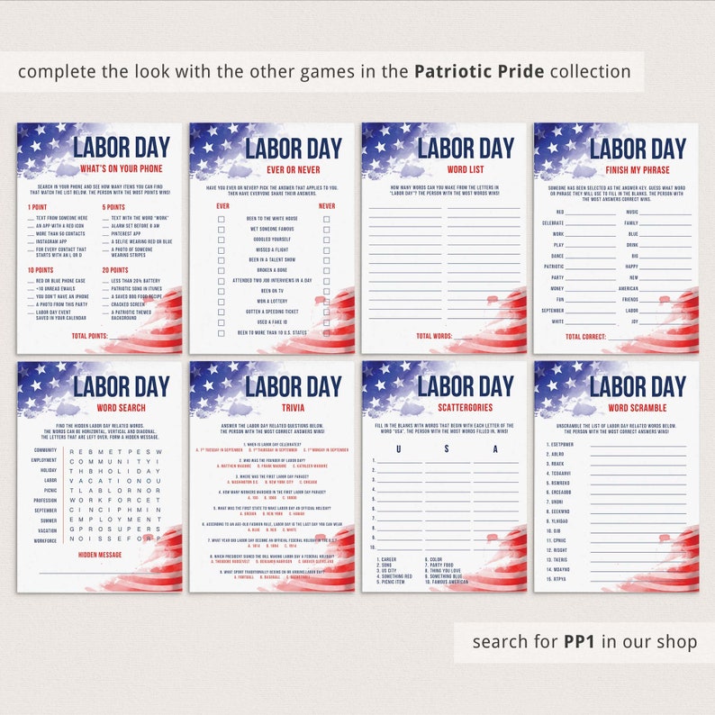 May include: A set of eight printable Labor Day game cards featuring a patriotic theme with blue stars and red stripes. Each card includes specific game titles like What's On Your Phone, Ever Or Never, Word List, Finish My Phrase, Word Search, Trivia, Scattergories, and Word Scramble.