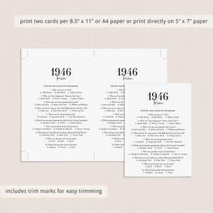 May include: Three white paper trivia game cards with the title "1946 Trivia" in a black script font. The cards are printed with trim marks and are designed to be printed on 8.5" x 11" or A4 paper, or directly on 5" x 7" paper.