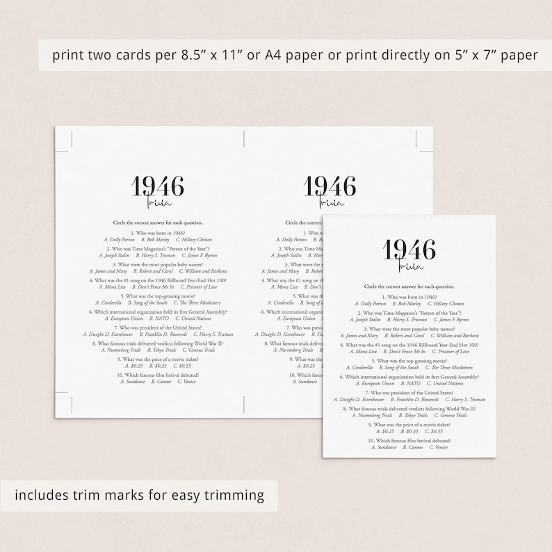 May include: Three white paper trivia game cards with the title "1946 Trivia" in a black script font. The cards are printed with trim marks and are designed to be printed on 8.5" x 11" or A4 paper, or directly on 5" x 7" paper.